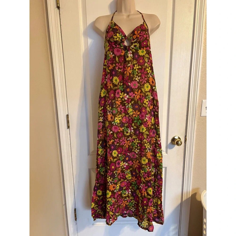 Free People Floral Halter Maxi Dress Brown Linen Blend O-Ring‎ Open Back Size 6
